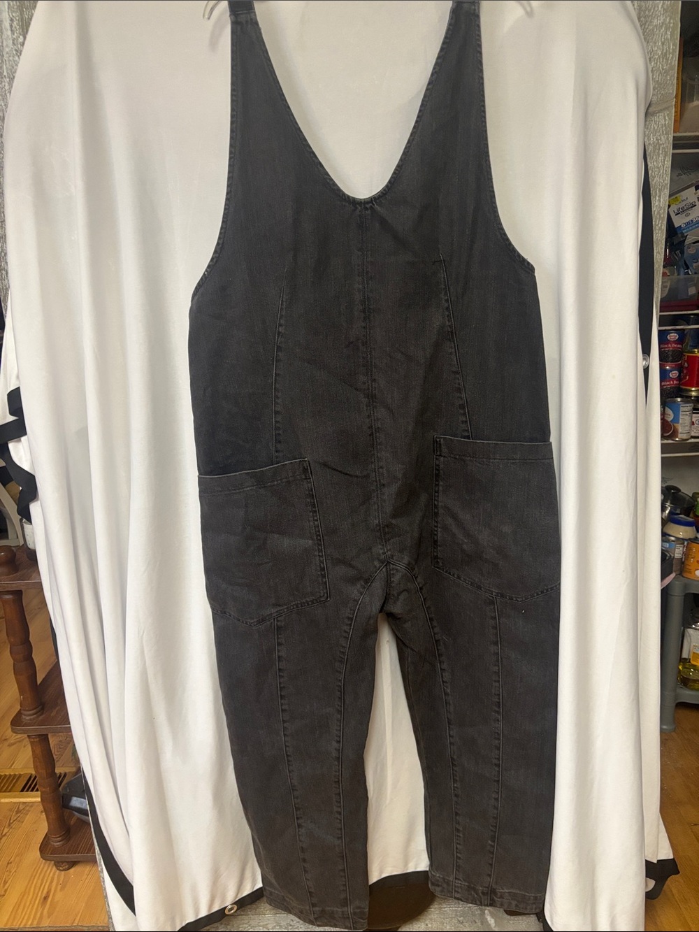 We The Free Black Denim Overalls Jumpsuit with Front Patch Pockets